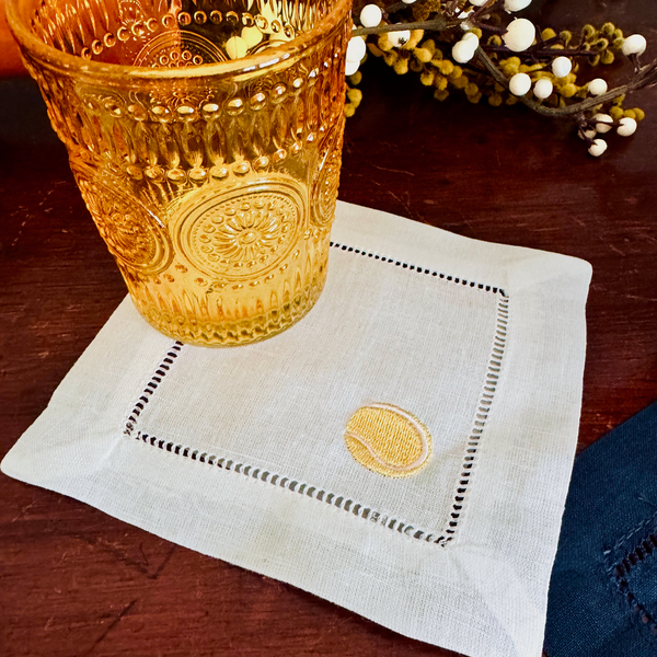 Tennis Cloth Cocktail Napkins, Set of 4,Tennis Linen Napkins - White Tulip Embroidery