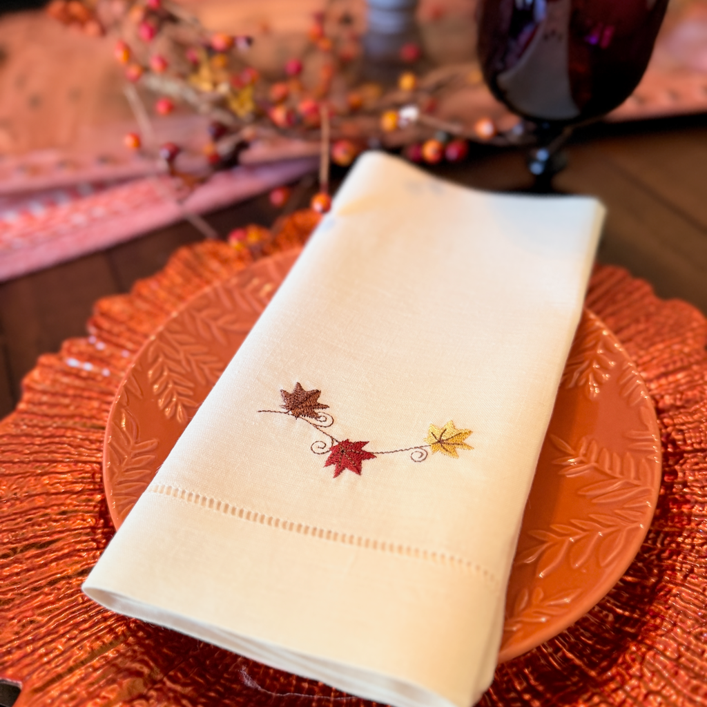 Thanksgiving Blowing Leaves Embroidered Cloth Napkins - Set of 4 napkins - White Tulip Embroidery