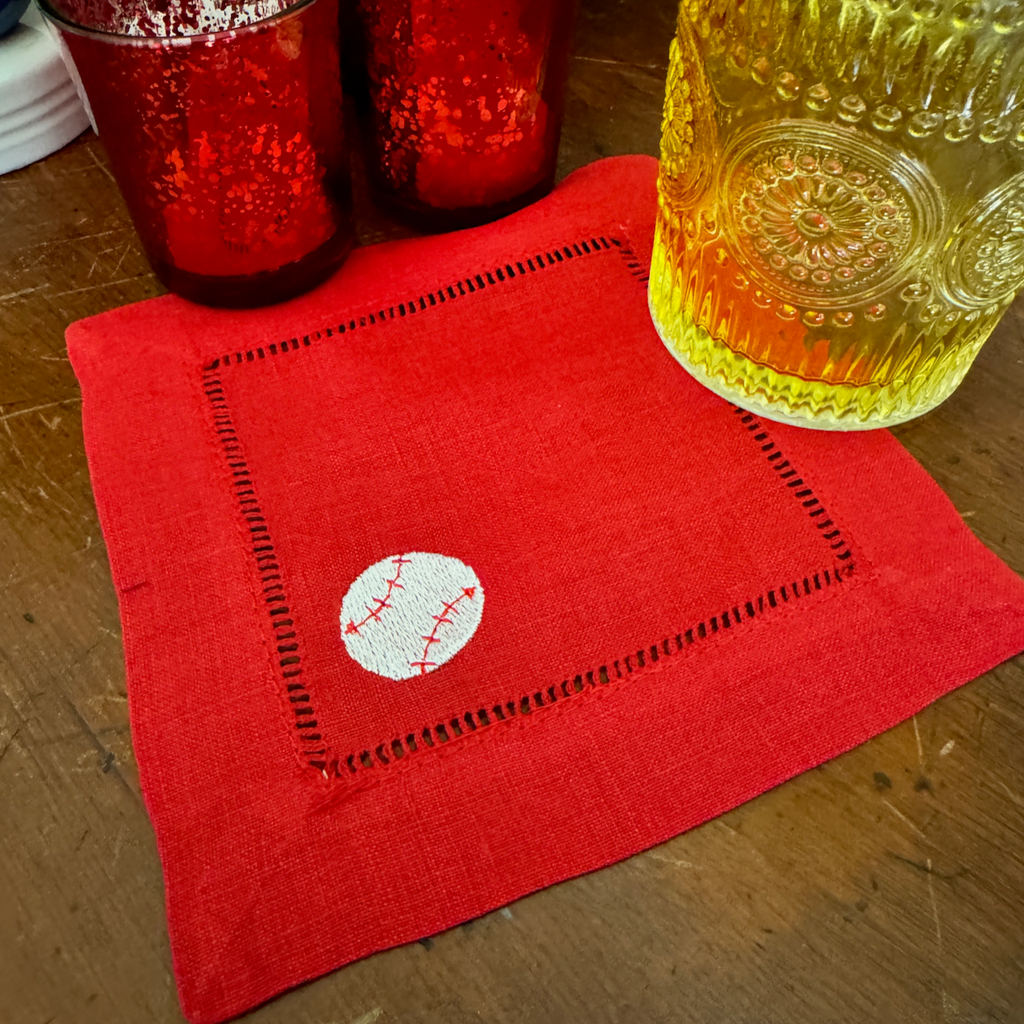 Baseball Cloth Linen Cocktail Napkins, Set of 4 - White Tulip Embroidery