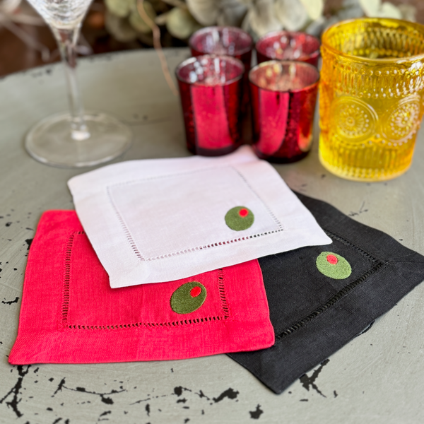 Olive Linen Cocktail Napkins, Set of 4, Martini Cocktail Napkins - White Tulip Embroidery