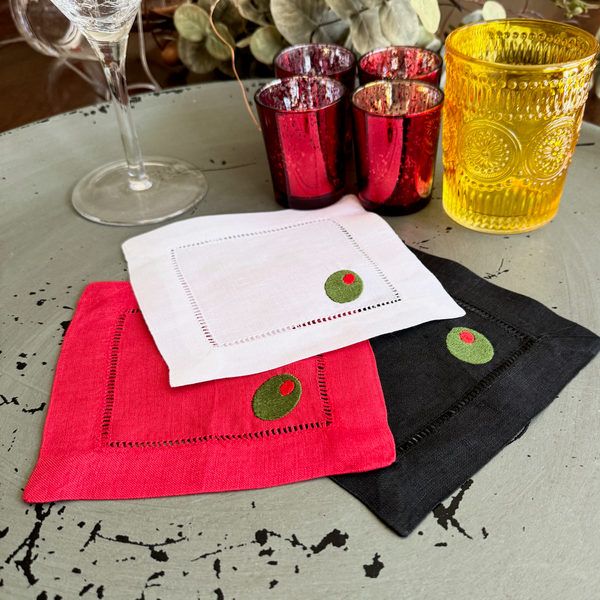 Olive Linen Cocktail Napkins, Set of 4, Martini Cocktail Napkins - White Tulip Embroidery