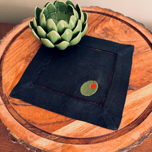 Olive Linen Cocktail Napkins, Set of 4, Martini Cocktail Napkins - White Tulip Embroidery