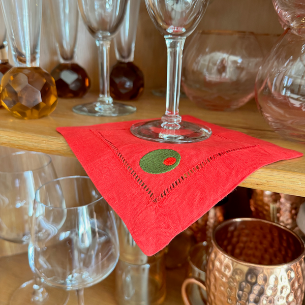 Olive Linen Cocktail Napkins, Set of 4, Martini Cocktail Napkins - White Tulip Embroidery