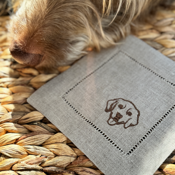 Dog Cloth Linen Cocktail Napkins, Set of 4, Golden Retriever Gift - White Tulip Embroidery