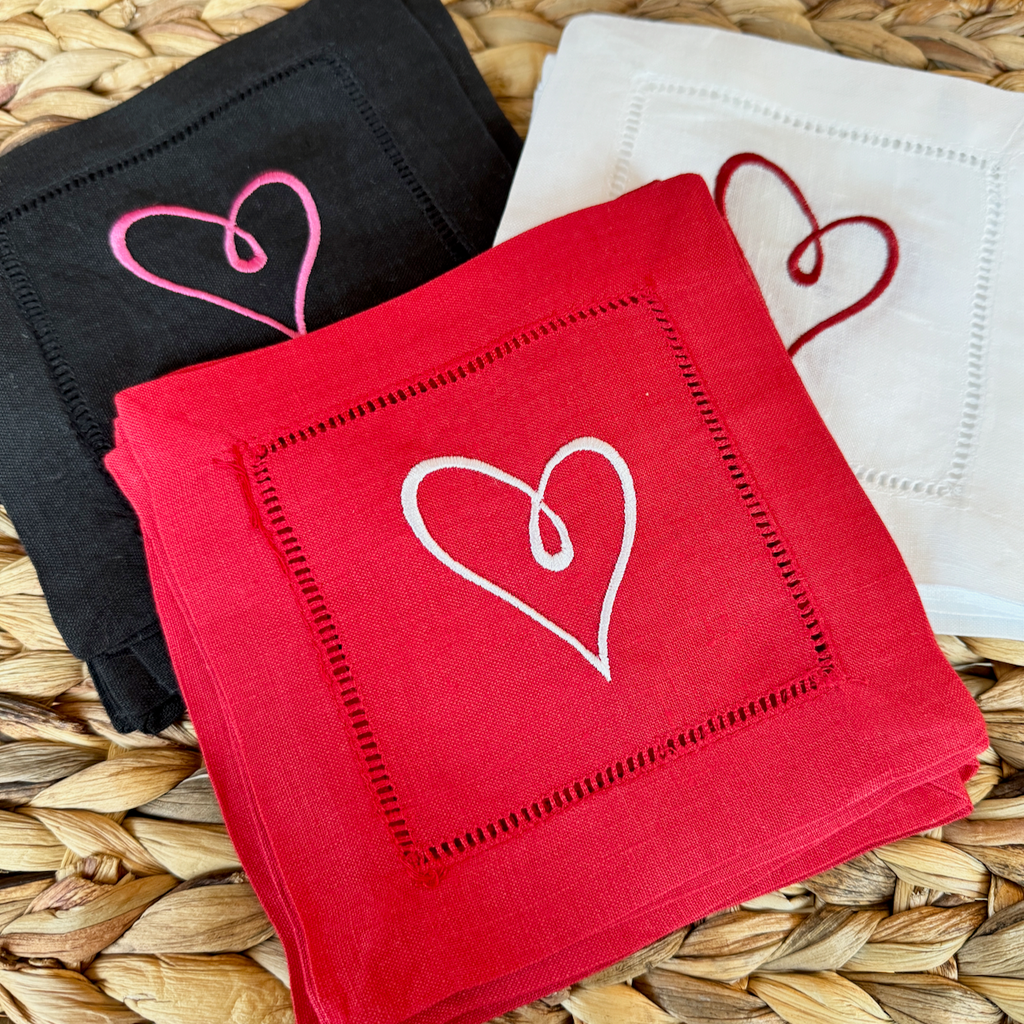 Modern Heart Valentine's Day Cloth Cocktail Napkins, Set of 4, Linen Cocktail Napkins - White Tulip Embroidery