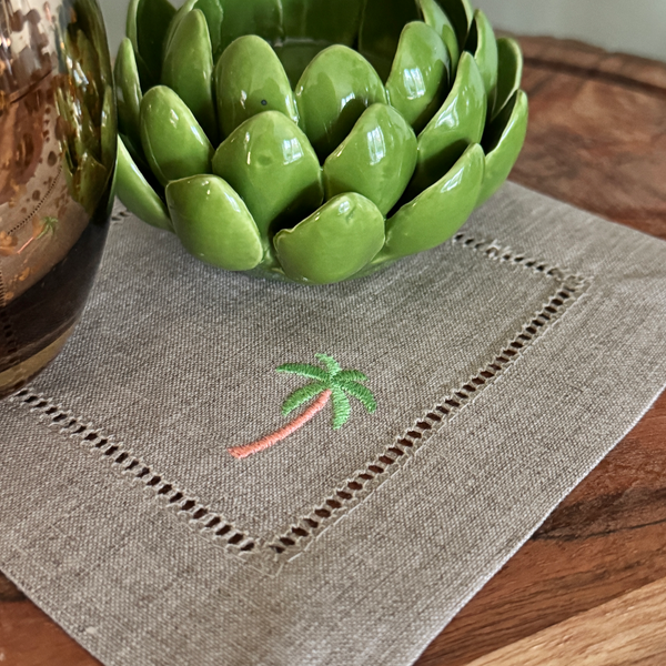 Palm Tree Cloth Cocktail Napkins, Set of 4 - White Tulip Embroidery