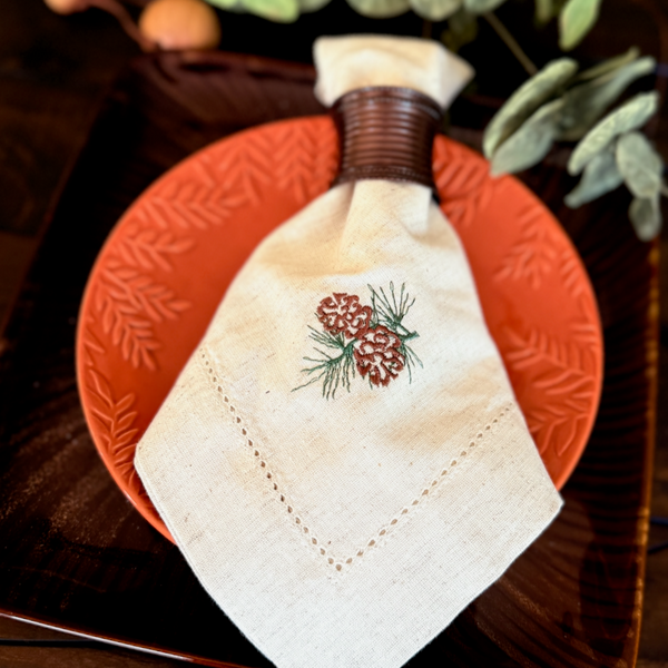 Pine Cone Christmas Cloth Napkins - Set of 4 napkins - White Tulip Embroidery