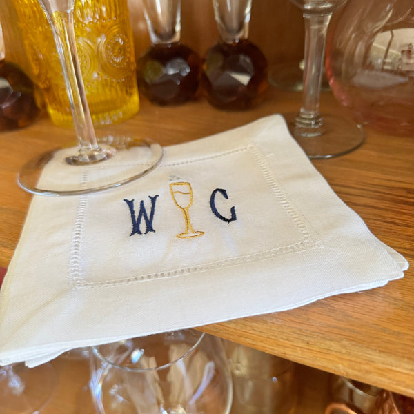 Monogrammed Champagne Cocktail Napkins, Set of 4, Cheers Linen Napkins - White Tulip Embroidery