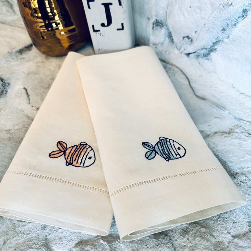 Fish Embroidered Cloth Napkins - Set of 4 napkins - White Tulip Embroidery
