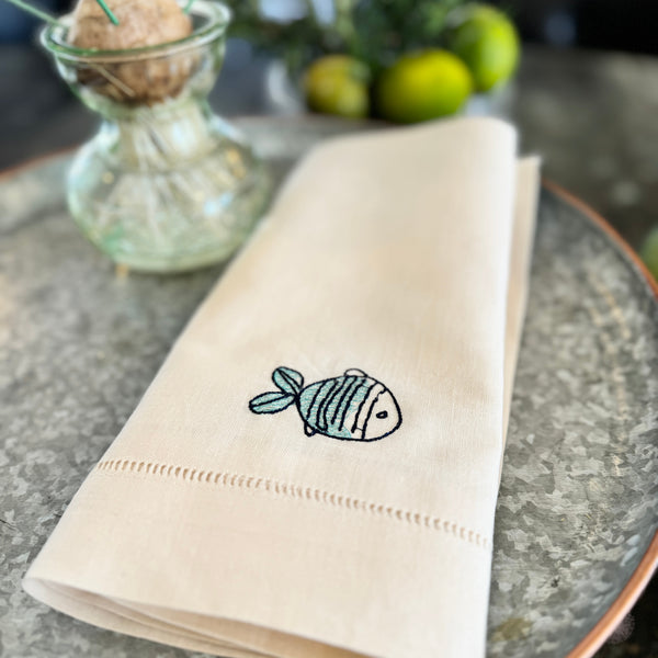Fish Embroidered Cloth Napkins - Set of 4 napkins - White Tulip Embroidery