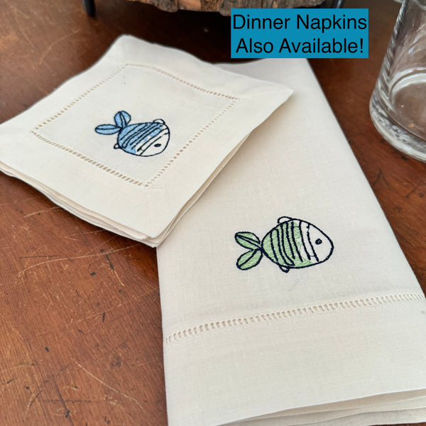 Fish Linen Cocktail Napkins, Set of 4 - White Tulip Embroidery