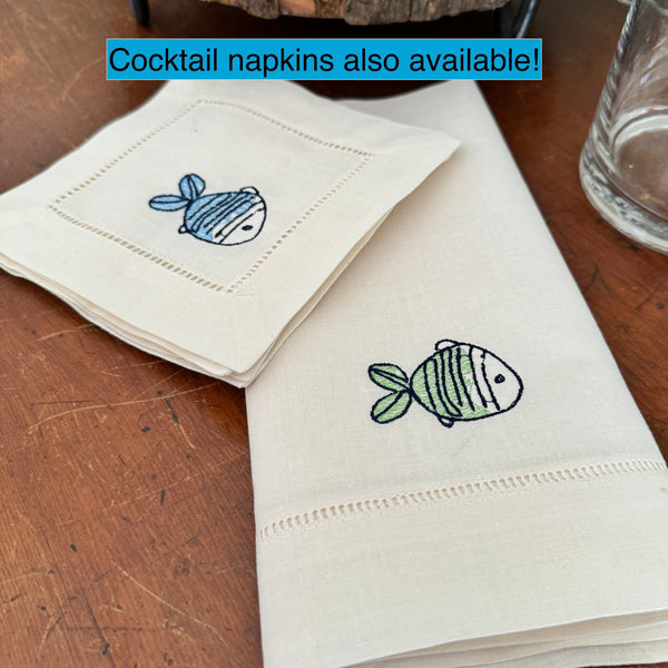 Fish Embroidered Cloth Napkins - Set of 4 napkins - White Tulip Embroidery