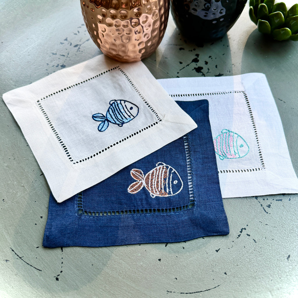 Fish Linen Cocktail Napkins, Set of 4 - White Tulip Embroidery