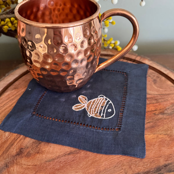 Fish Linen Cocktail Napkins, Set of 4 - White Tulip Embroidery