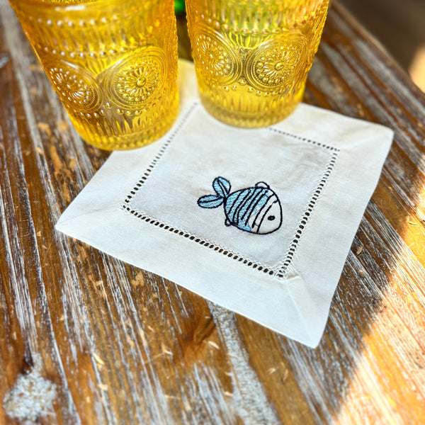 Fish Linen Cocktail Napkins, Set of 4 - White Tulip Embroidery