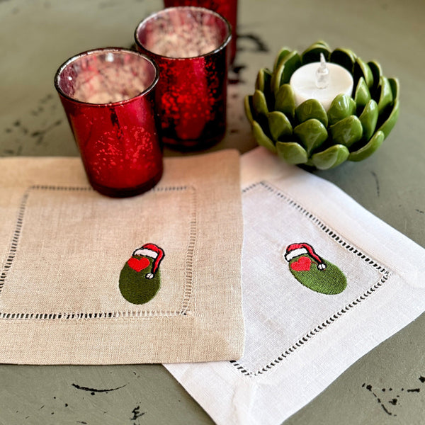 Santa Olive Cloth Cocktail Napkins, Set of 4 Christmas Martini Linen Cocktail Napkins - White Tulip Embroidery