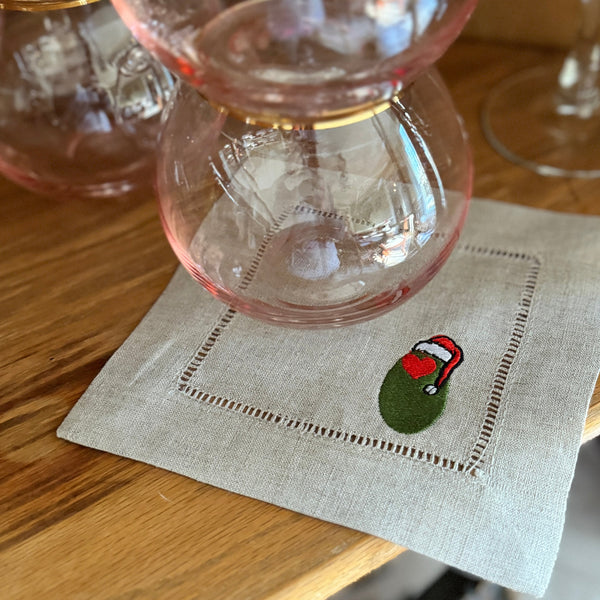 Santa Olive Cloth Cocktail Napkins, Set of 4 Christmas Martini Linen Cocktail Napkins - White Tulip Embroidery