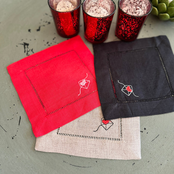 Heart Envelope Valentine's Day Cloth Cocktail Napkins, Set of 4, Linen Cocktail Napkins - White Tulip Embroidery