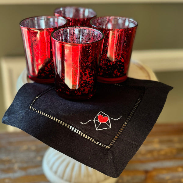 Heart Envelope Valentine's Day Cloth Cocktail Napkins, Set of 4, Linen Cocktail Napkins - White Tulip Embroidery