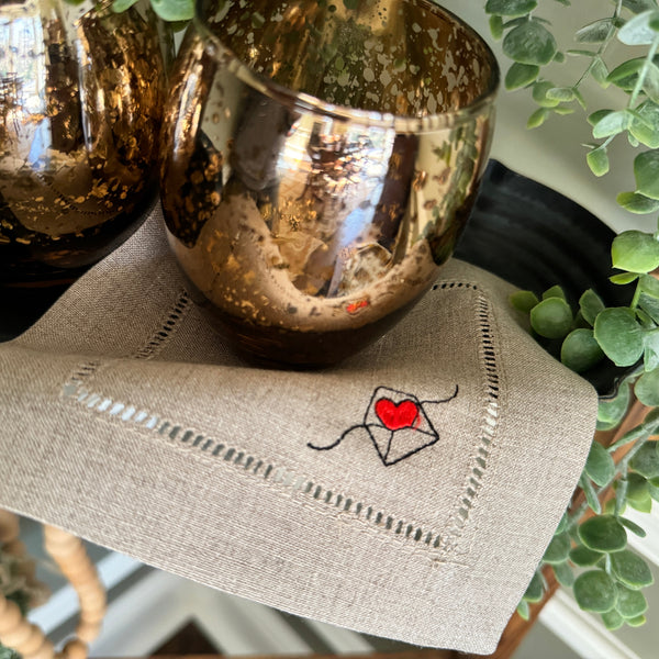 Heart Envelope Valentine's Day Cloth Cocktail Napkins, Set of 4, Linen Cocktail Napkins - White Tulip Embroidery