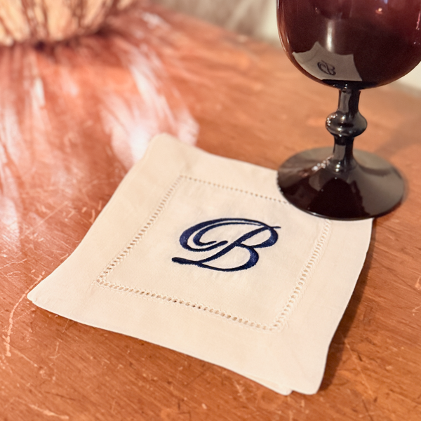 Set of 4 Ivory Monogrammed Linen Cocktail Napkins - White Tulip Embroidery