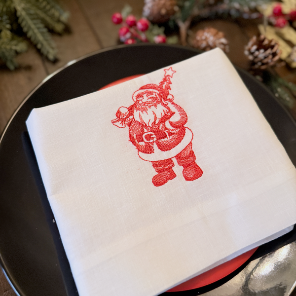 Santa Claus Victorian Christmas Embroidered Cloth Napkins - Set of 4 napkins - White Tulip Embroidery