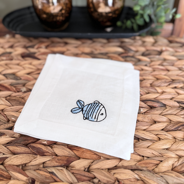 Fish Linen Cocktail Napkins, Set of 4 - White Tulip Embroidery
