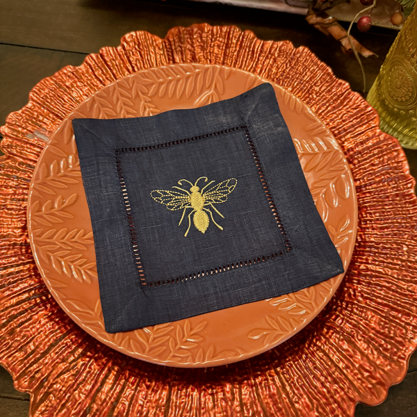 Bee Linen Cocktail Napkins, Set of 4 - White Tulip Embroidery