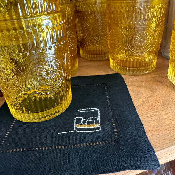 Whiskey Glass Linen Cocktail Napkins, Set of 4, Whiskey Bourbon Cocktail Napkins Gift - White Tulip Embroidery