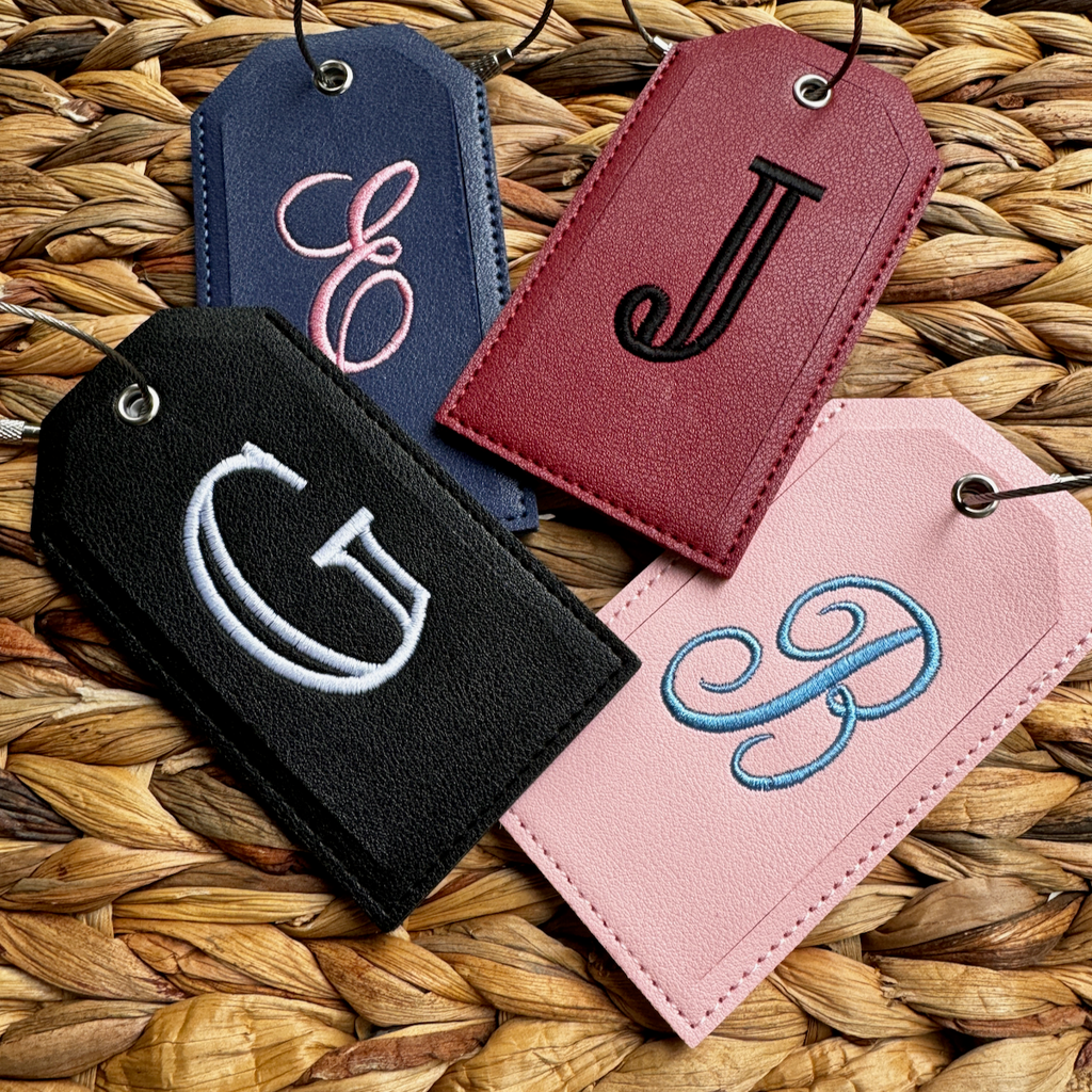 Monogrammed Luggage Tag, Embroidered Vegan Leather with Steel Loop Wire - White Tulip Embroidery