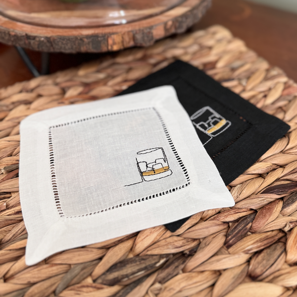 Whiskey Glass Linen Cocktail Napkins, Set of 4, Whiskey Bourbon Cocktail Napkins Gift - White Tulip Embroidery