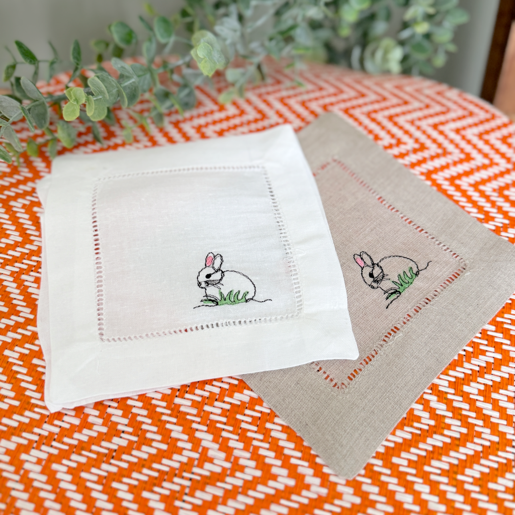 Easter Bunny Cloth Cocktail Napkins, Set of 4, Easter Linen Cocktail Napkins - White Tulip Embroidery