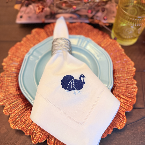Traditional Thanksgiving Turkey Cloth Dinner Napkins - Set of 4 napkins - White Tulip Embroidery