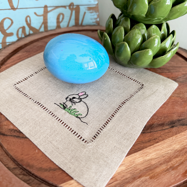 Easter Bunny Cloth Cocktail Napkins, Set of 4, Easter Linen Cocktail Napkins - White Tulip Embroidery