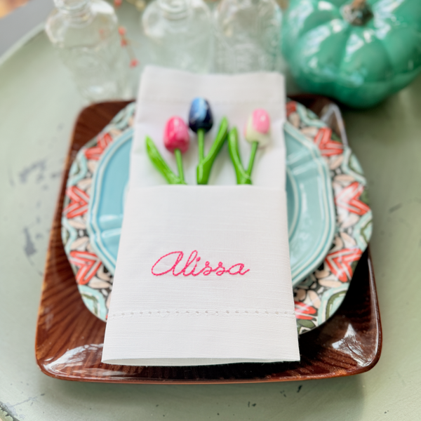 Embroidered Name Napkins, Set of 4 script names napkins - White Tulip Embroidery