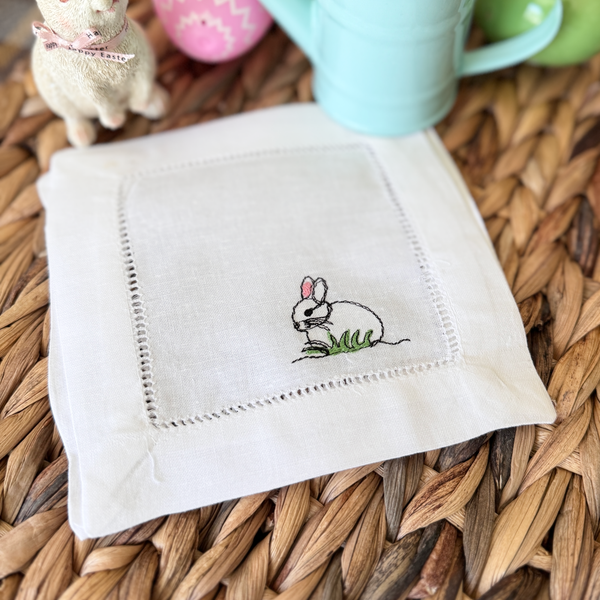 Easter Bunny Cloth Cocktail Napkins, Set of 4, Easter Linen Cocktail Napkins - White Tulip Embroidery