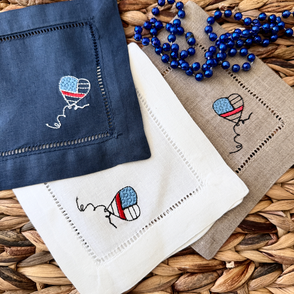 USA Balloon Cocktail Napkins, Set of 4, July 4th Cocktail Napkins - White Tulip Embroidery