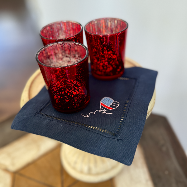 USA Balloon Cocktail Napkins, Set of 4, July 4th Cocktail Napkins - White Tulip Embroidery