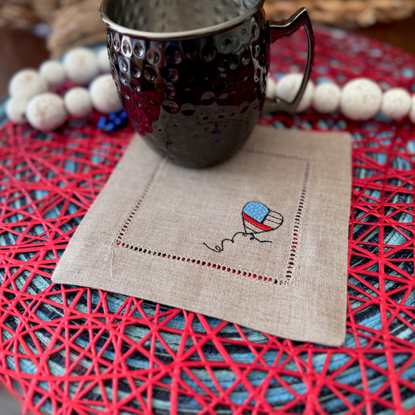 USA Balloon Cocktail Napkins, Set of 4, July 4th Cocktail Napkins - White Tulip Embroidery