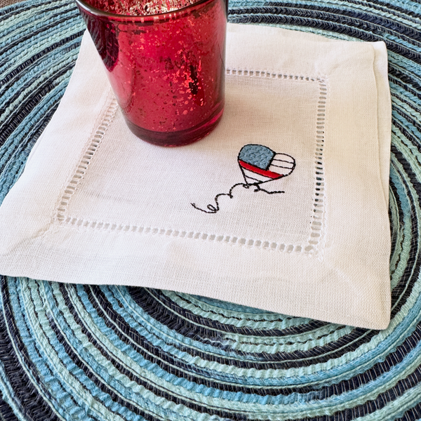 USA Balloon Cocktail Napkins, Set of 4, July 4th Cocktail Napkins - White Tulip Embroidery