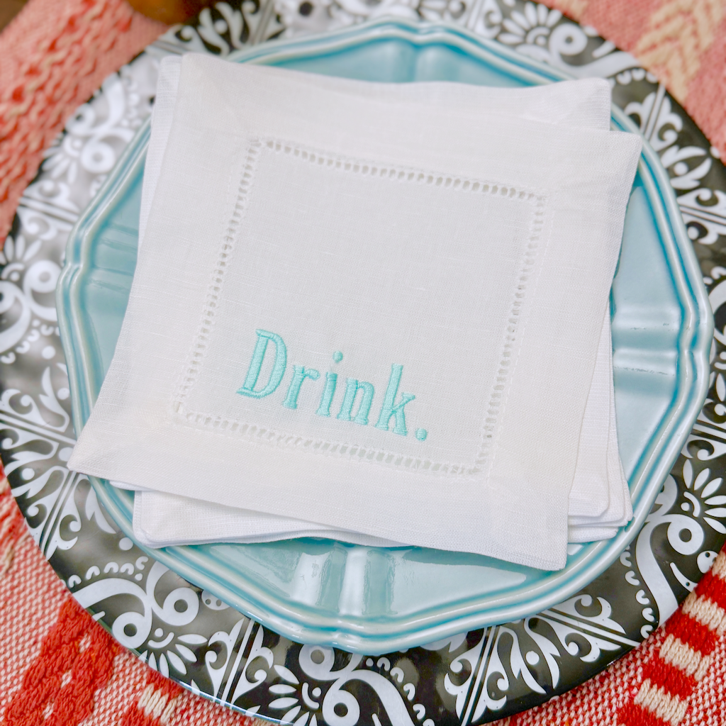 Drink Cloth Cocktail Napkins, Set of 4, Linen Cocktail Napkins - White Tulip Embroidery