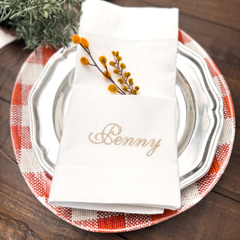 Set of 4 Embroidered Name Napkins, Eleanor Names Cloth napkins - White Tulip Embroidery