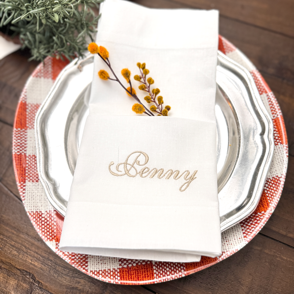 Set of 4 Embroidered Name Napkins, Eleanor Names Cloth napkins - White Tulip Embroidery