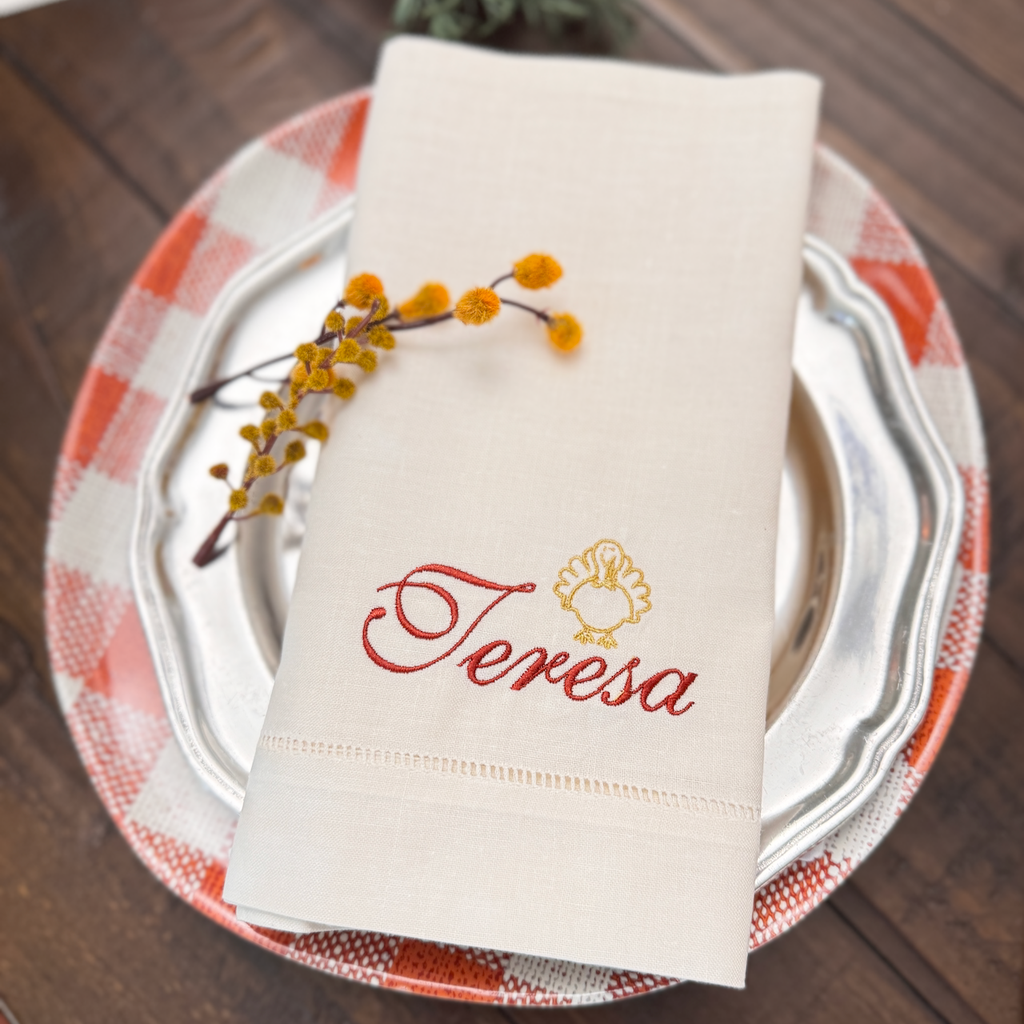 Turkey Thanksgiving Name Napkins, Set of 4 Christmas Place Cards - White Tulip Embroidery