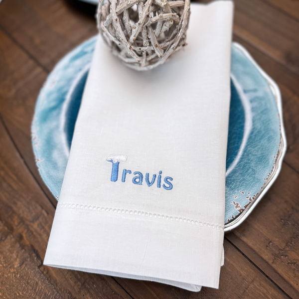 Snow Covered Name Napkins, Set of 4 Christmas Place Cards - White Tulip Embroidery