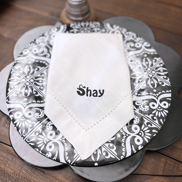 Snow Covered Name Napkins, Set of 4 Christmas Place Cards - White Tulip Embroidery