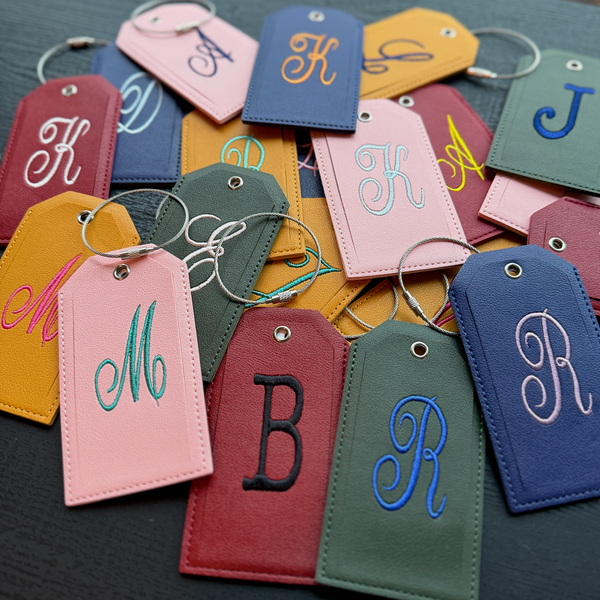 Monogrammed Luggage Tag, Embroidered Vegan Leather with Steel Loop Wire - White Tulip Embroidery