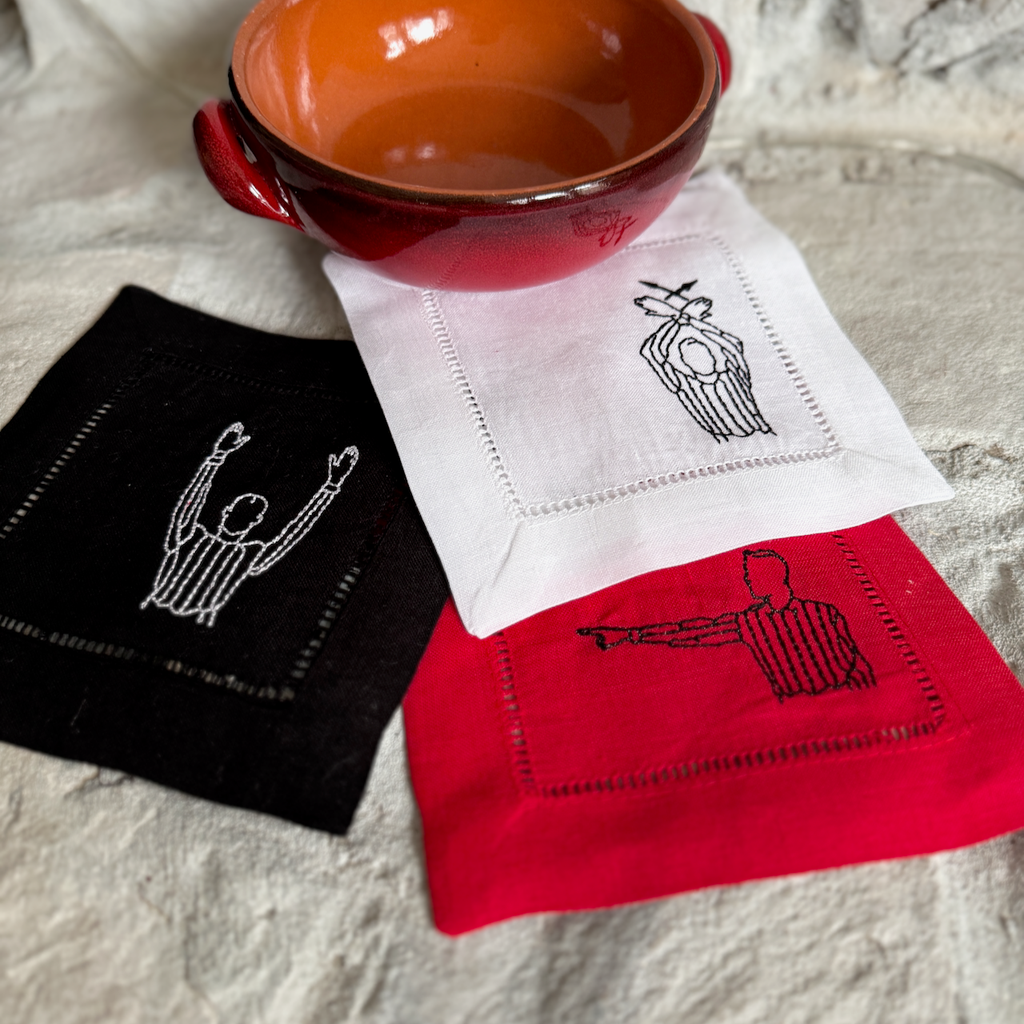 Football Referee Cloth Cocktail Napkins, Set of 4 Referee Call Sign Embroidered Cocktail Napkins - White Tulip Embroidery