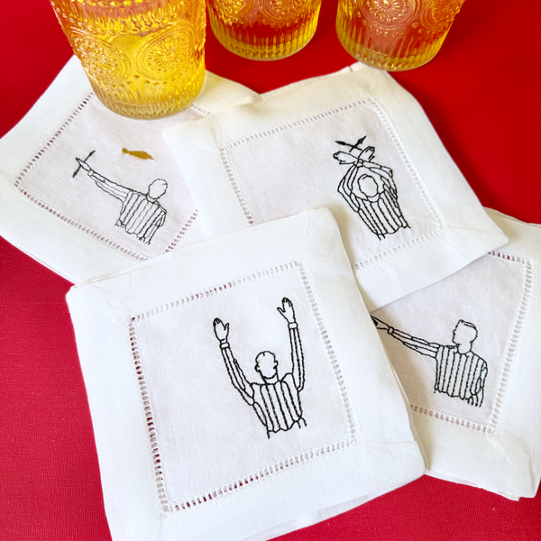 Football Referee Cloth Cocktail Napkins, Set of 4 Referee Call Sign Embroidered Cocktail Napkins - White Tulip Embroidery