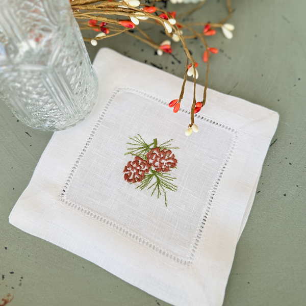 Pine Cone Cocktail Napkins, Set of 4 - White Tulip Embroidery